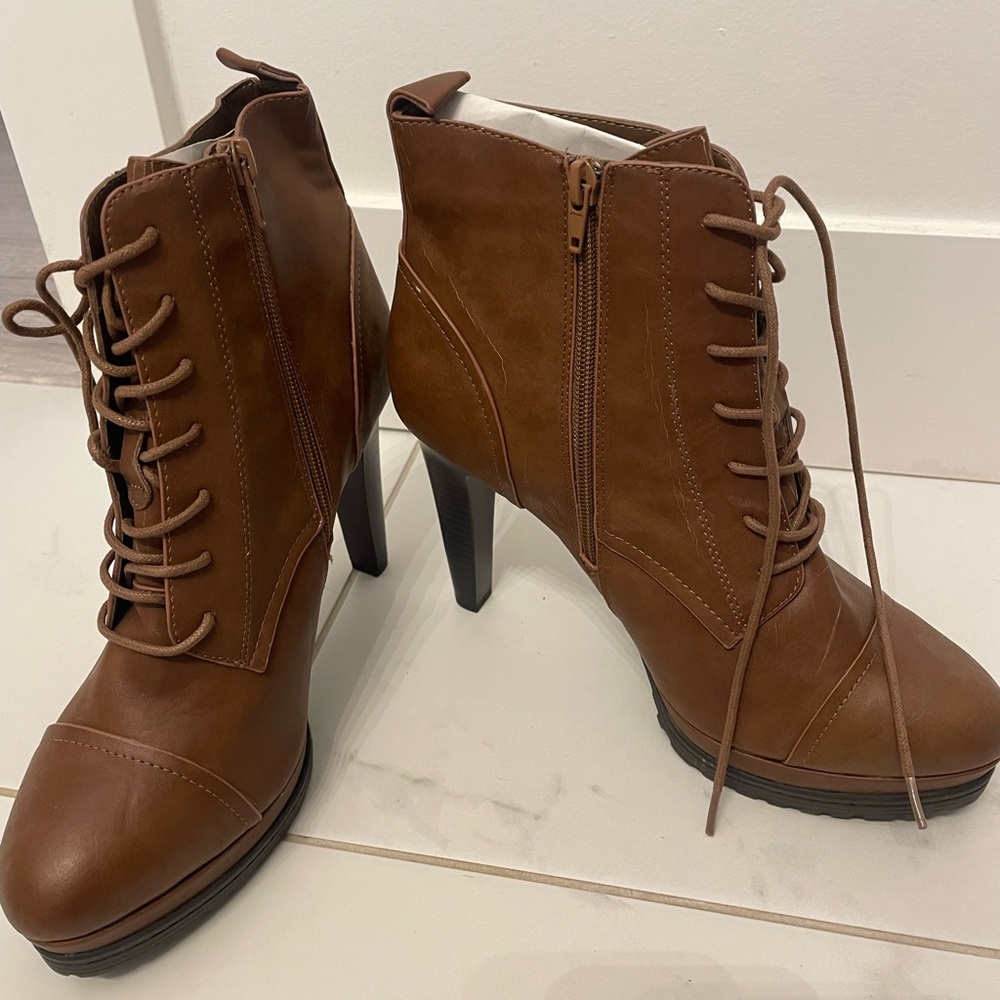 Forever 21 Tan Lace-Up Heeled Boots